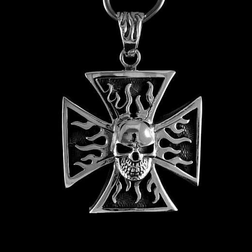 Flammendes Kreuz Anhnger mit Skull Silber