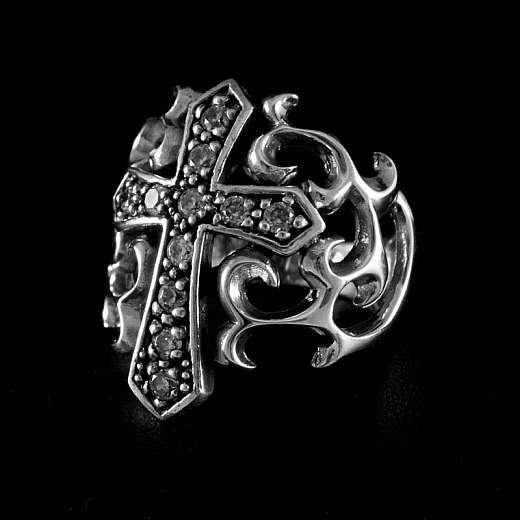 Ring Templerkreuz mit Zirkonia und Ornamenten