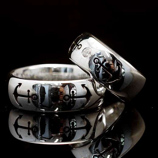 Hochzeitsringe, Eheringe mit Anker, Diamant und Saphir