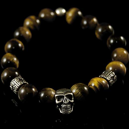 Bikerschmuck, Kugelarmband mit Tigerauge Stein mit Skull und Beads