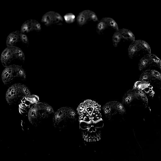 Kugelarmband aus Lava Stein mit Skull und Beads, Bikerschmuck