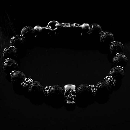 Bikerschmuck, Kugelarmband aus Lava Stein mit Skull Beads