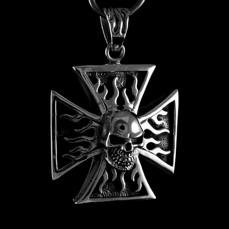 Flammendes Kreuz Anhnger mit Skull Silber