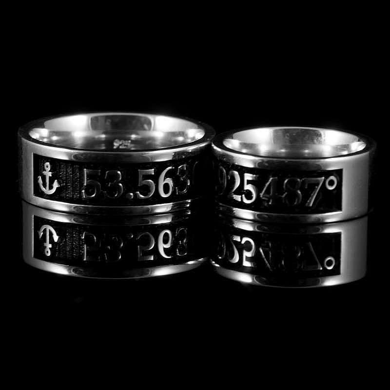 Eheringe, Hochzeitsringe mit Anker und Koordinaten