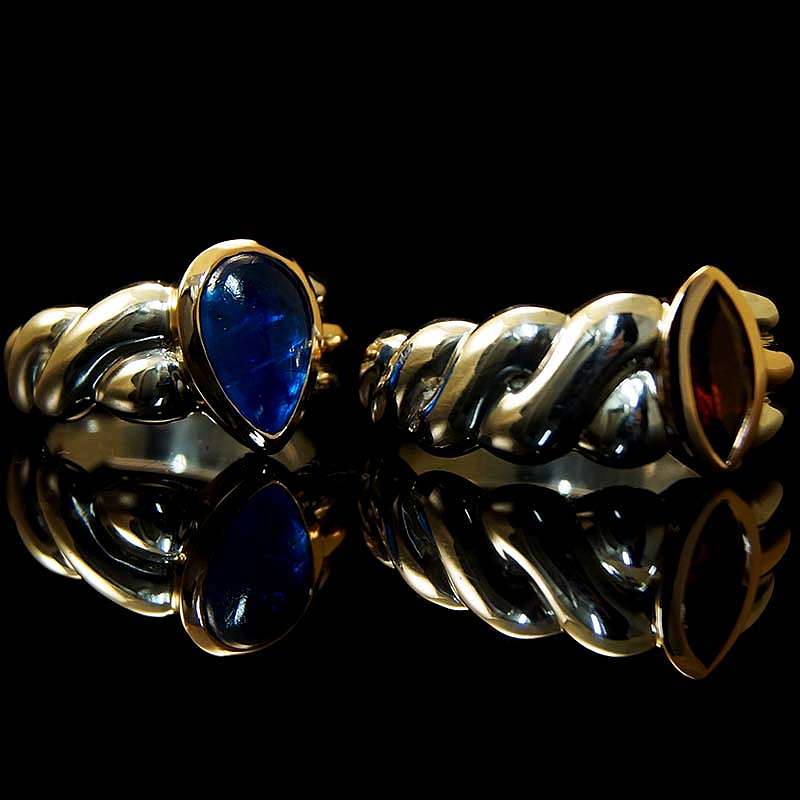 Hochzeitsringe, Eheringe 750er Rotgold und 935er Silber mit Edelsteinen