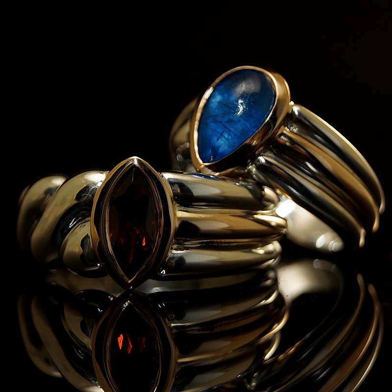 Hochzeitsringe, Eheringe 750er Rotgold und 935er Silber mit Edelsteinen