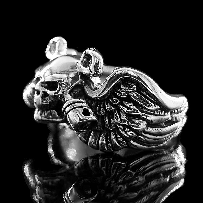 Totenkopfring mit gekreuzten Kolben und Flgeln aus Sterling Silber