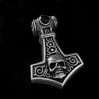 Thors Hammer Anhänger mit Totenkopf und Onyx aus Silber